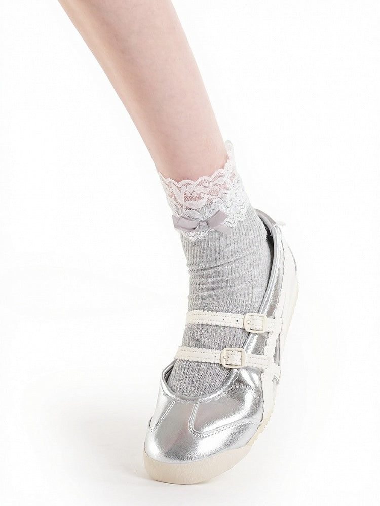 Four-Color Lace Trim Ankle Socks with Bowknot - ModaSwings