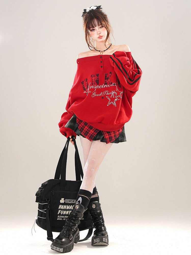Red Letter Patch Embroidery Off-the-shoulder Neckline Sweatshirt