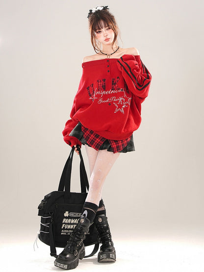 Red Letter Patch Embroidery Off-the-shoulder Neckline Sweatshirt