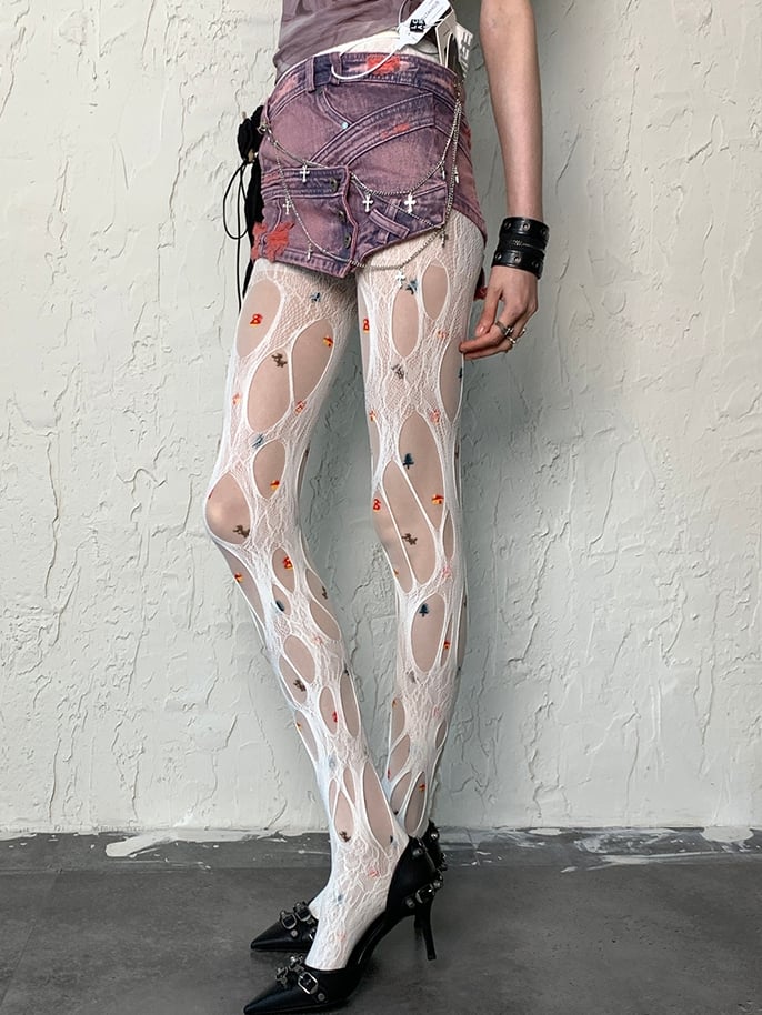 Print Design White Y2K Tights Christmas