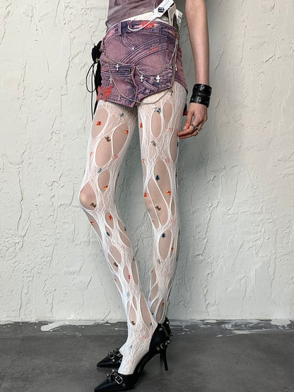 Print Design White Y2K Tights Christmas