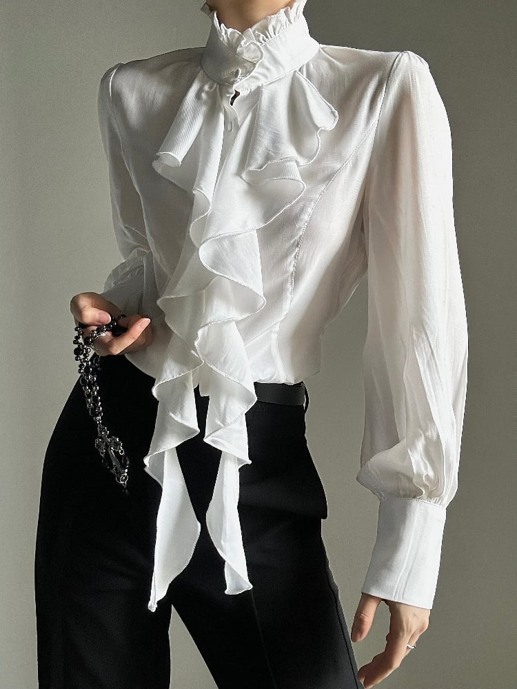 Ouji Lolita Vintage White Bishop Sleeve Shirt with Cascading Ruffle Placket & Detachable Lace Necklace