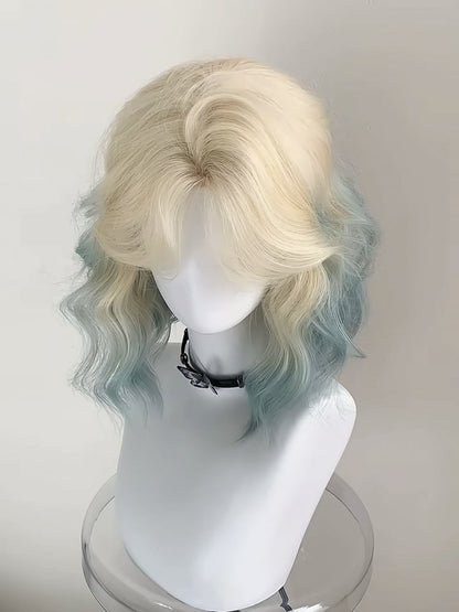 Ombre Bangs Short with 45CM Curtain Wavy Platinum Green Blonde Wig