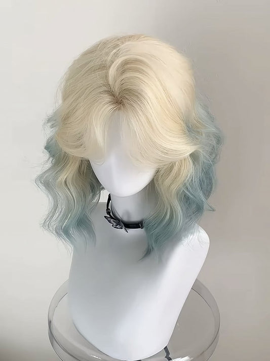 Ombre Bangs Short with 45CM Curtain Wavy Platinum Green Blonde Wig