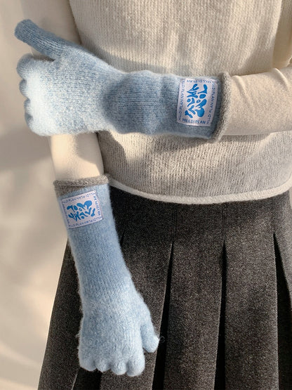 (4 Contrast Wool-Blend Cuffs Gloves Long Knit with Colors)