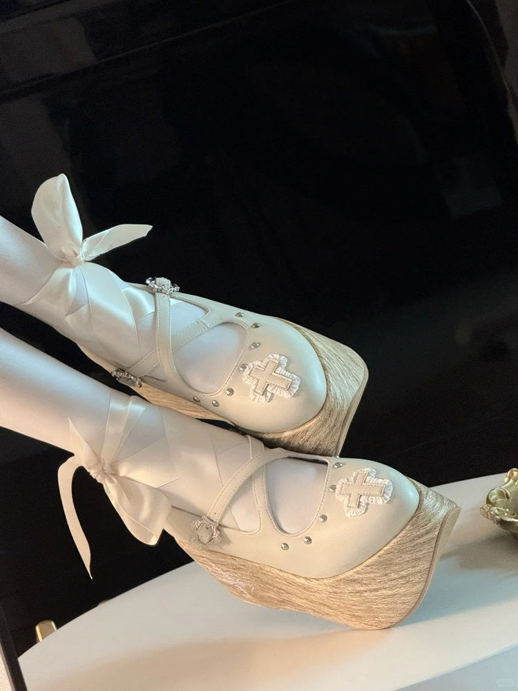 and Cross Gothic Lace-up Platform Shoes with Criss-cross Buckle Strap White Applique