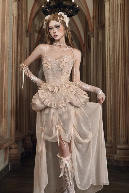Apricot V-Neck Sleeveless High-Waisted Ruffle Lace Fishbone Corset Skirt Set