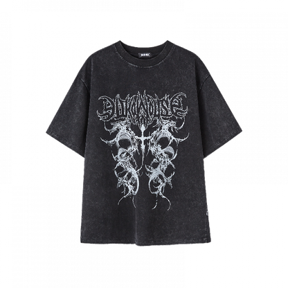 Black/White Faded Wash Cotton T-Shirt Distressed Punk Print Vintage