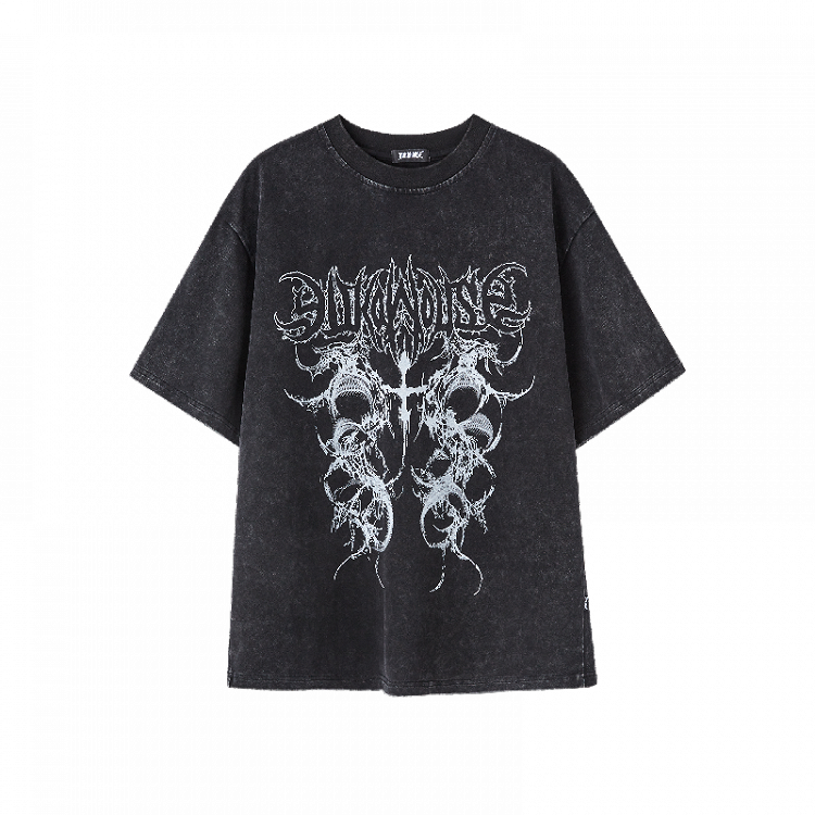 Vintage Distressed Baumwoll T-Shirt Schwarz/Weiß Wash Punk Print Verblasst