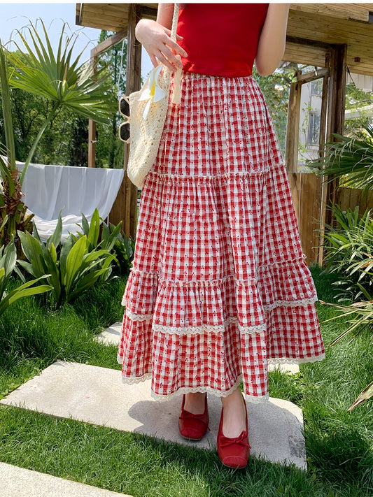 Cottagecore Print Cherry Red  White Plaid Allover Trim Country Skirt Lace