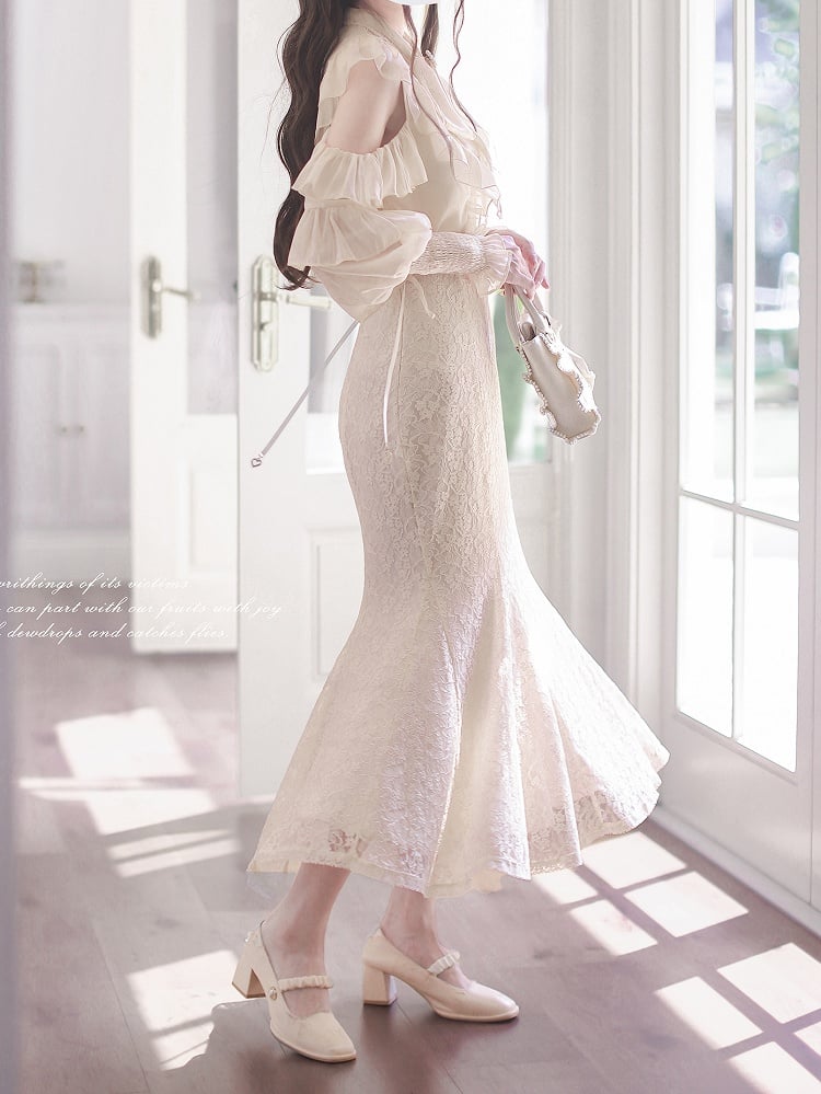 Blouse Jirai Beige Elegance: - Aesthetic Innocent Cutout Clean Kei Flounce Shoulders Chiffon with