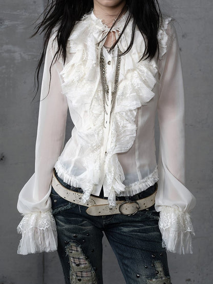 Vintage Flounce Tiered Princess Detail Beige Blouse Tie-Neck with Lace