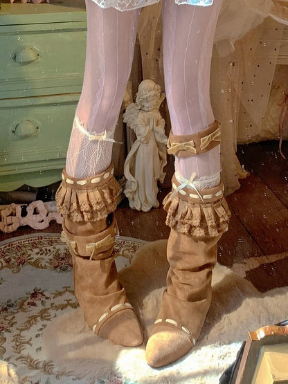 with Ruffles Mid-calf Leg Accents Garter Pair of Trim - Vintage A Pointed Brown Boots Toe Bow