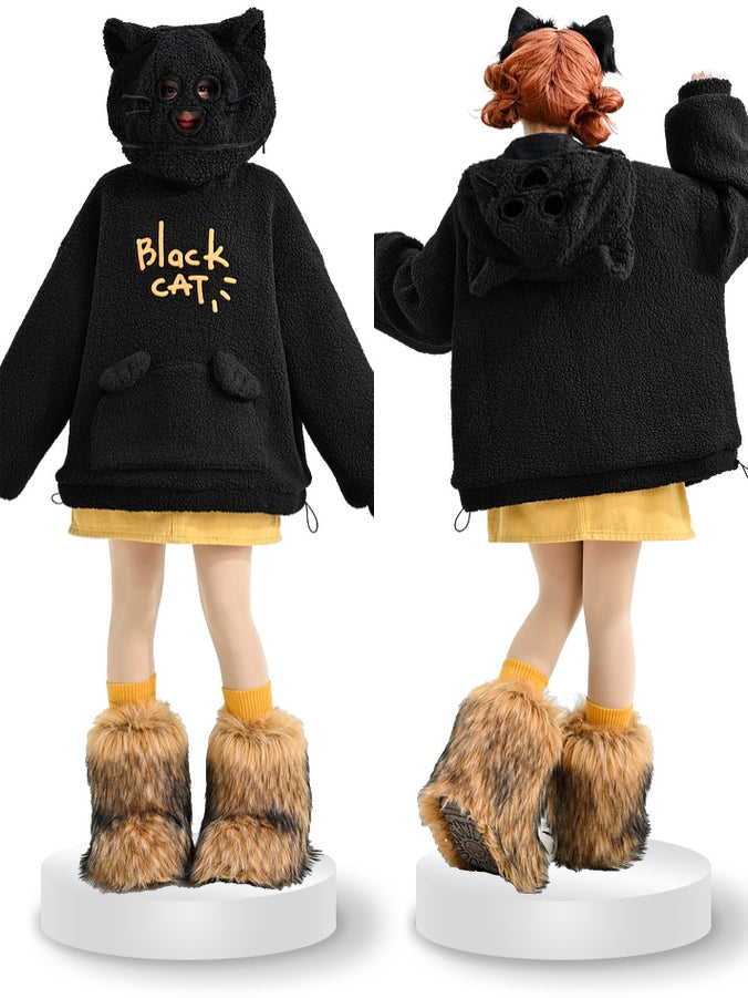 Black Cat Head Hood Fleece Hoodie