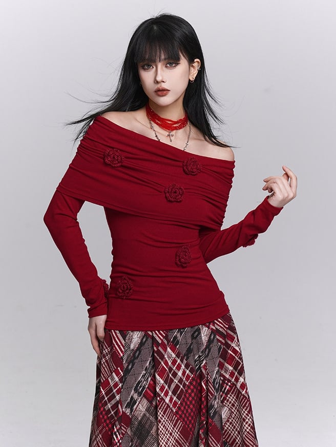 Top Long Floral with Christmas Sleeves Off-the-shoulder Neckline Red Design