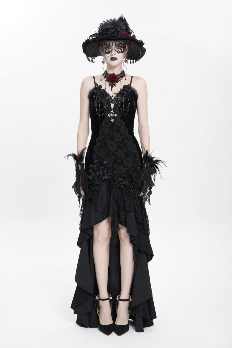 Black Cross Ruffled Floral Embroidered Chain Gothic Slip Dress