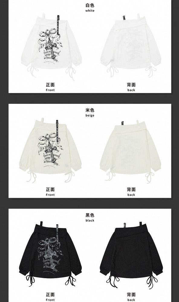 White/Beige/Black Cross Off-Shoulder Top Drawstrings at Side