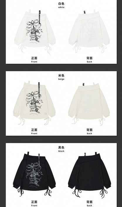 White/Beige/Black Cross Off-Shoulder Top Drawstrings at Side