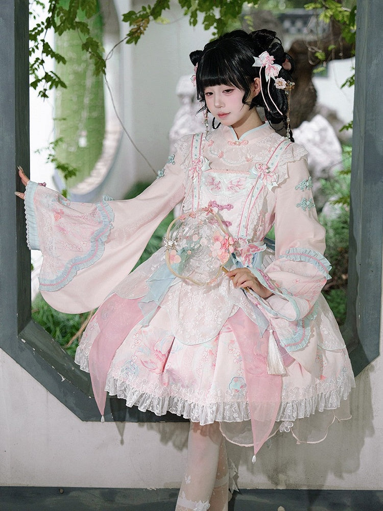 Long with Print Golden Blue Lolita and Sleeves Fish Pink Dress Floral Han