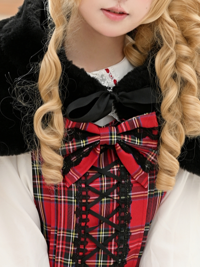 Christmas Red Plaid Bow Tie with Lace Trim