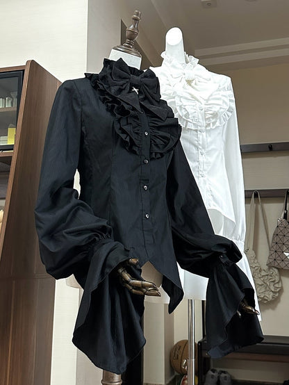 Gothic Black High Long Sleeves Ouji Poet Neck Lolita Ruffled Shirt