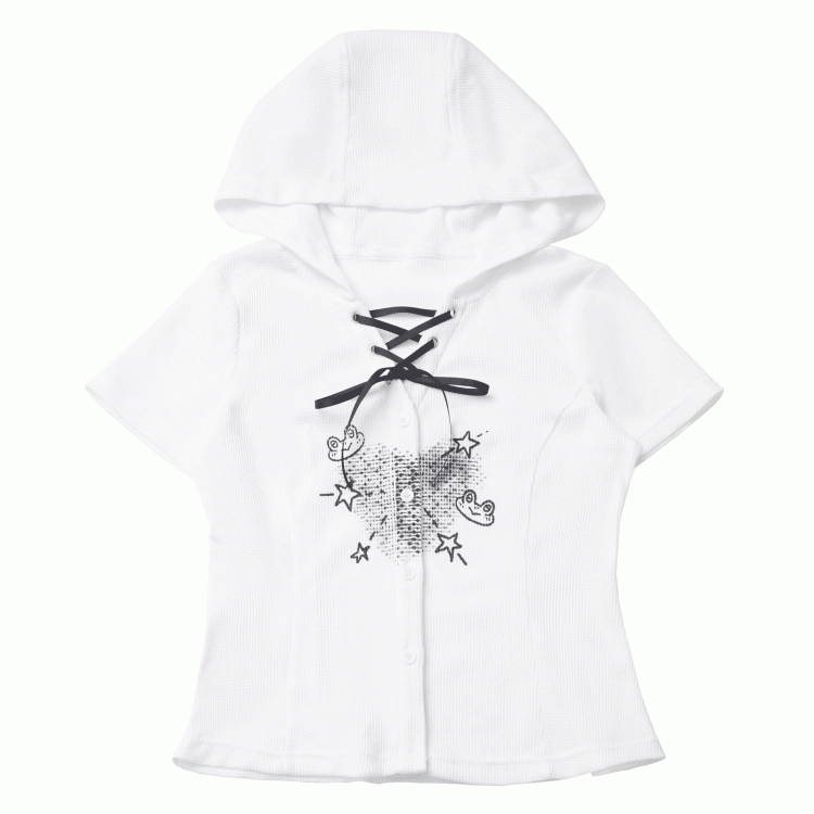 White Frog Lace-up Neckline Front Button Placket T-shirt Cute Print Hooded Waffle