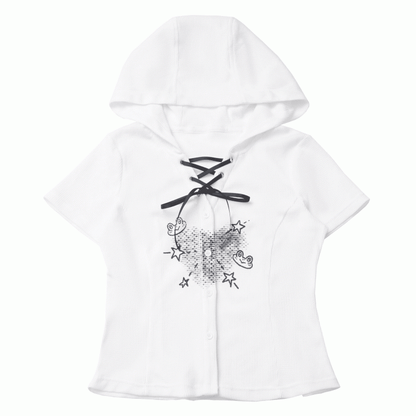 White Frog Lace-up Neckline Front Button Placket T-shirt Cute Print Hooded Waffle