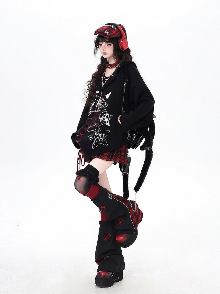 Black/Gray Lace-Up Sweater with Spiderweb Pentagram  Choker Print Gothic
