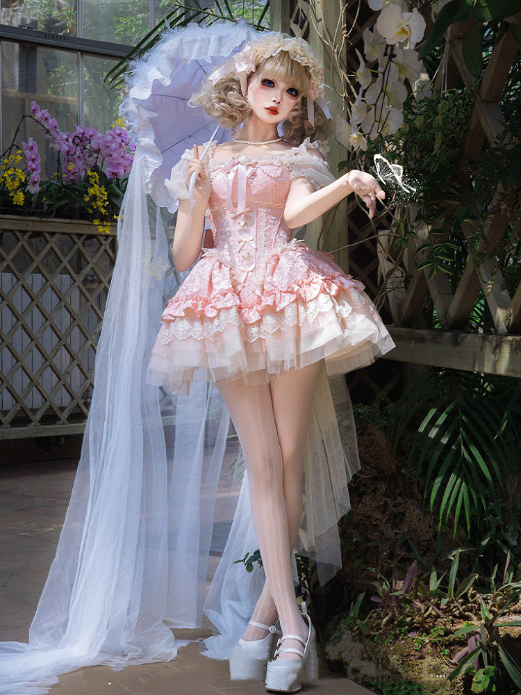 mit JSK Big Bow Fabric Hime Lolita Balletcore Pink Puffy Dress mit baskischer Taille und Jacquard-Schleppe