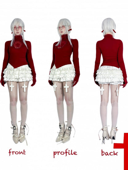 Gothic Red Coffin Cutout Cross Detail Modal High Neck Top Asymmetrical Hem