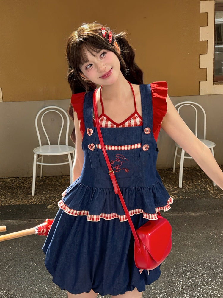 Buttons Faded Wash Denim Bubble Skirt Plaid Blue Elastic Waist