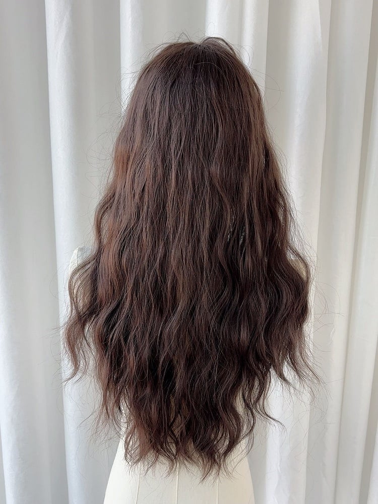 Black Wool Brown Tea/Light 65CM Bangs Full Curly Wig with