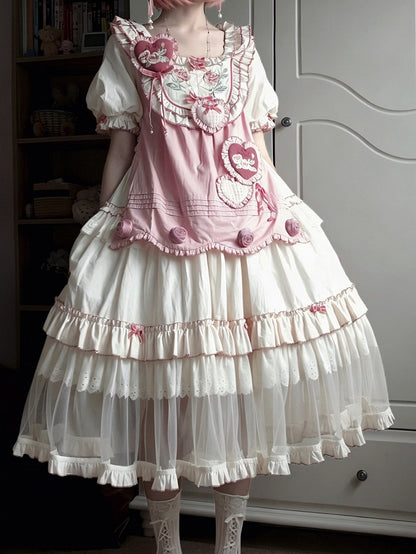 Rose Rosette Embroidered Sweet Lolita Bunny Ear Hooded Overdress with Heart Patches - Bodhi Original Design