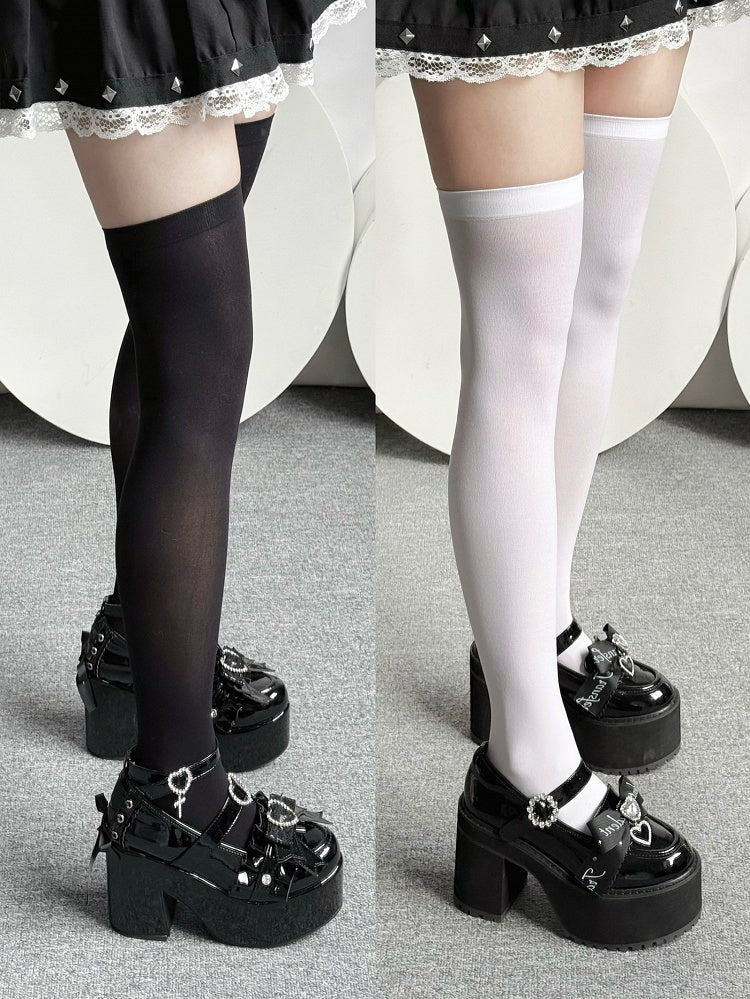 Over-knee Ribbed Kei Black/White Jirai Trim Stockings with