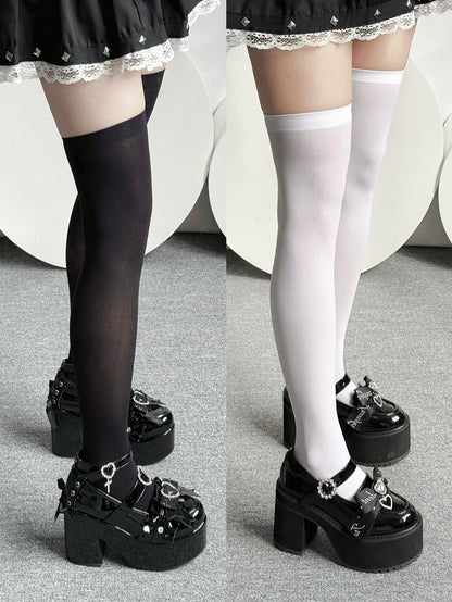 Over-knee Ribbed Kei Black/White Jirai Trim Stockings with