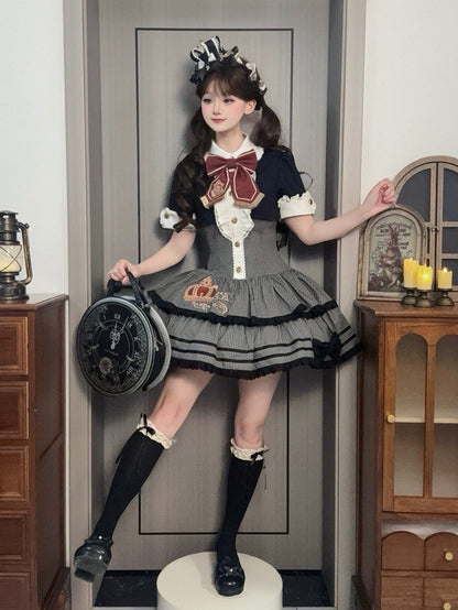 Monochrome Preppy Striped Two-Piece Gown with Crown Embroidery - Fairy Faith