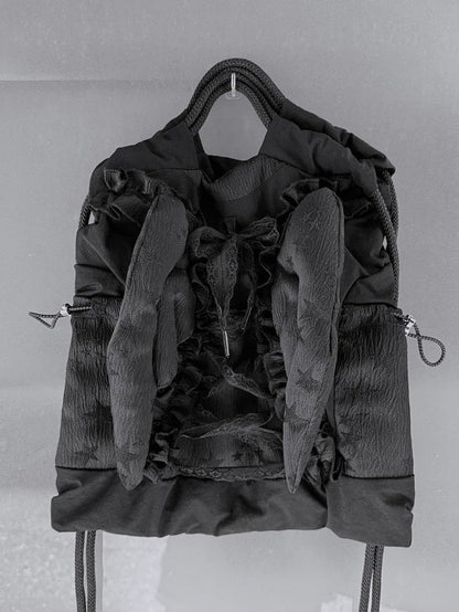 Wing Drawstring Shoulder Bag with Ruffle - PICKYBONE