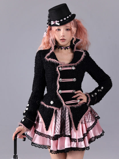 Hime Gyaru Black & Pink Tweed Double-Breasted Blazer