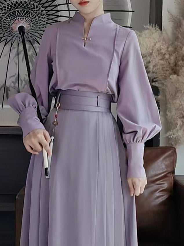 Light with Balloon Sleeve in Functional Purple Chinese Style Snap Fastening Blouse Frog Decorative Cuffs