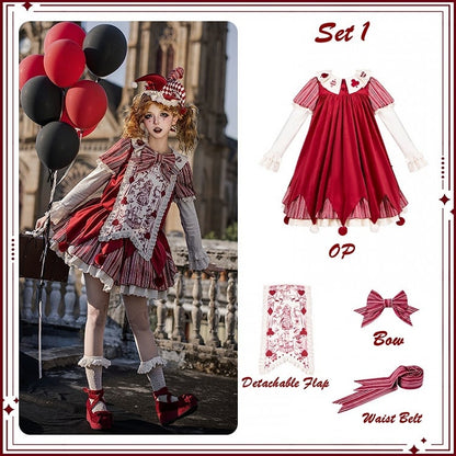 Clowncore Dress KC Printed Waist Lolita Detachable Belt Set Bow - Juliette Panel Red Sleeves + Stripes OP