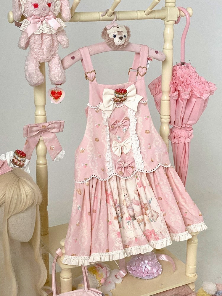 Pink Bear & Strawberry Print Adjustable-Strap Jumper Dress - Honey Village