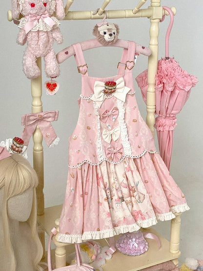 Pink Bear & Strawberry Print Adjustable-Strap Jumper Dress - Honey Village