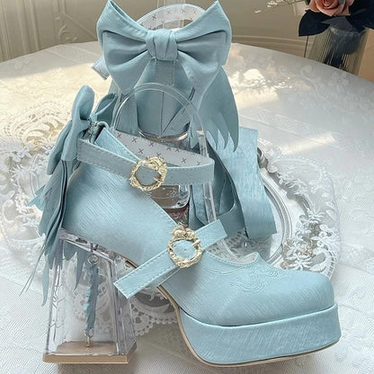 Light Green Koi Fish Charm High Block Heel Satin Platform Mary Janes with Detachable Bowknot - Floating Dream Realm
