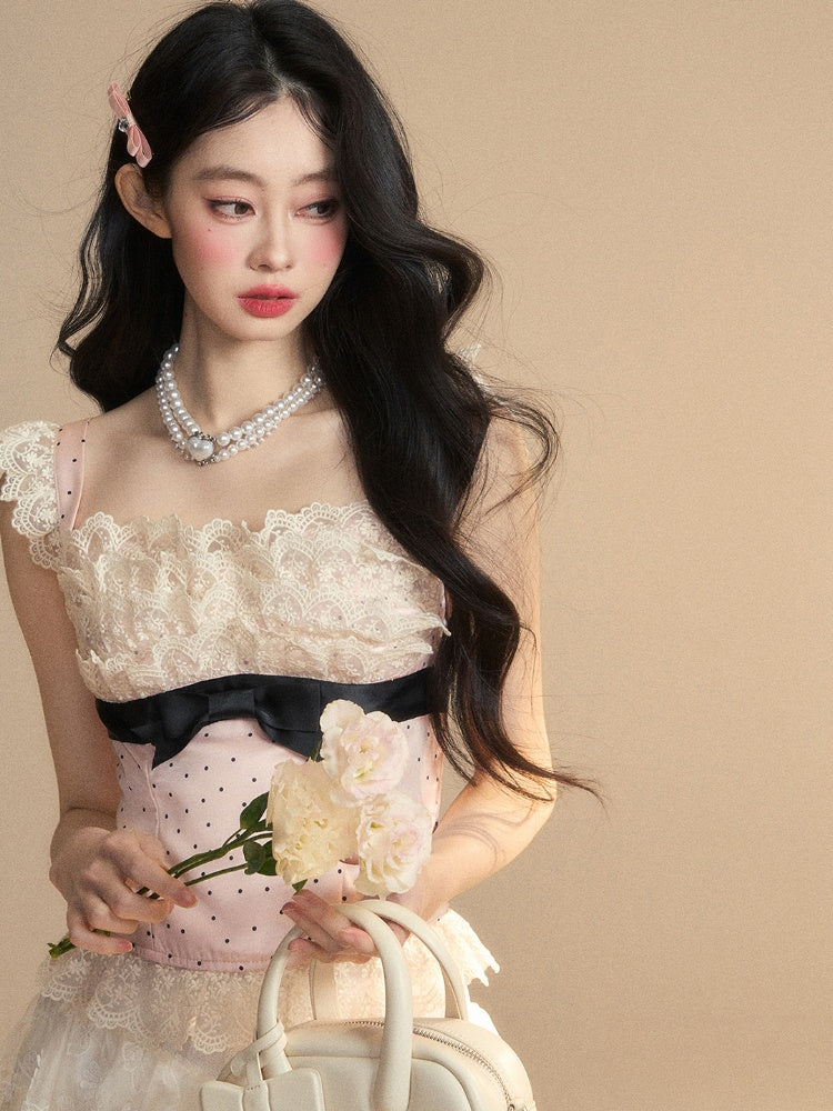 Glamorous Rosa Polka-Dot Muster Ärmelloses Top Rüschen Spitze Trim Detail Schleife