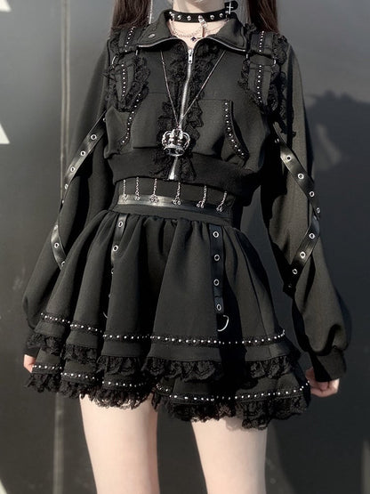 Jirai Bow Skirt + Black Lace Set Zipper Decor Kei Chain-Waist Leather Leg Strap Top Warmers