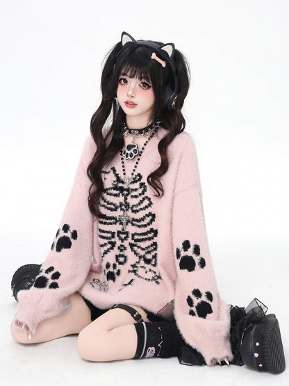 Black/Pink Fuzzy Cat  Paw Pattern Sweater