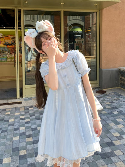 Kleid Hellblau Rüschenkragen Puffärmel Süß