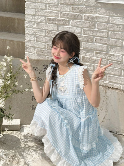 Sleeveless Dress Blue Plaid Tiered Flutter Bunny Embroidery Lace Sleeves Skirt Trim