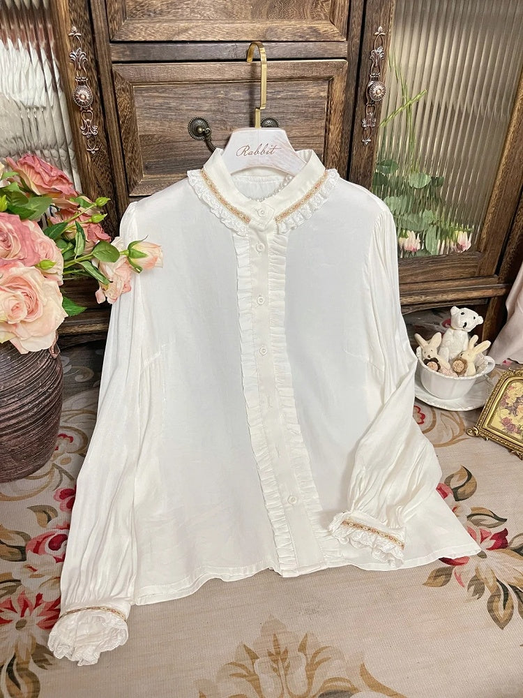 Lolita White Neckline Cuffs Blouse and with Ruffled Lace-Trimmed