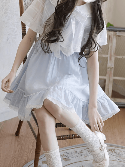 Jirai Kei Light Blue Peter Pan Collar Cape Design Faux Two-pieces Dress